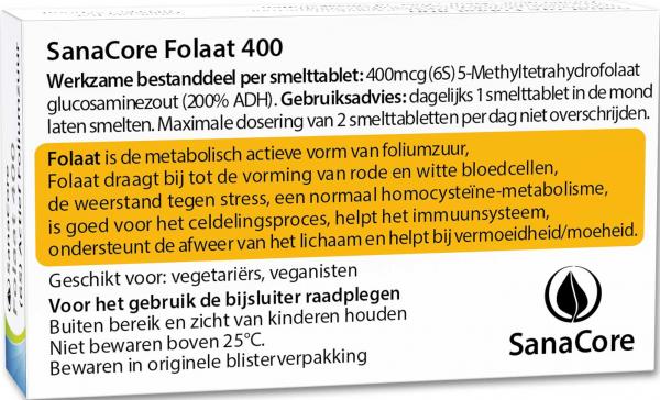 SanaCore Folaat 400 Actief Foliumzuur (6S) 5-Methyltetrahydrofolaat, 60 comprimés orodispersibles